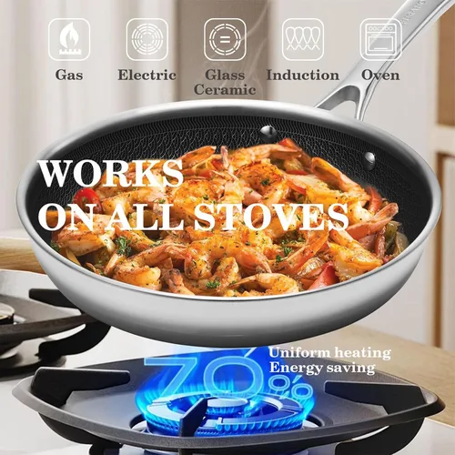 Miniatura 3 de FURANO Ukiyo - Sartén de acero inoxidable de tres capas de 10 pulgadas con tapa, sartén antiadherente no tóxica WaveEtch™, libre de PTFE y PFAS