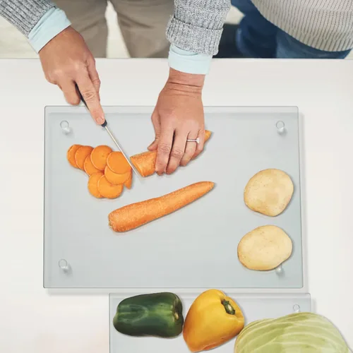 Miniatura 4 de Tabla de cortar de vidrio templado Mymonfif para cocina, tabla de vidrio transparente para encimera, resistente al calor, con pies antideslizantes