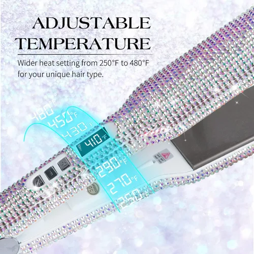 Miniatura 4 de DORISILK Crystal Diamond - Plancha de pelo de titanio, plancha plana de diamantes de imitación de 2 pulgadas, plancha alisadora de doble voltaje