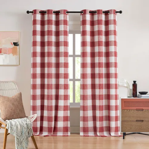 Miniatura 11 de Cortinas cortas de lino texturizado con diseño de búfalo blanco y negro a cuadros, 100% opacas con forro, paneles de estilo granja