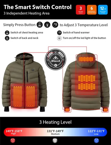 Miniatura 4 de iHood Men's Heated Jacket With 12V Battery Pack-Insulated Lightweight Hooded Hand-Heating Electric Heated Puffer Jacket