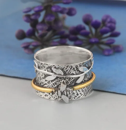 Miniatura 2 de Anillo giratorio de plata de ley con diseño de hoja de meditación de abeja de miel y abeja