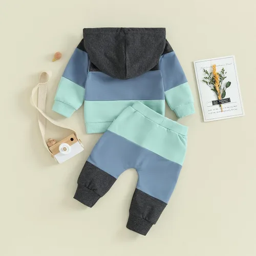 Miniatura 4 de Conjunto de pantalones para bebés y niños, sudadera larga con capucha y bloques de color, conjunto de ropa para otoño e invierno