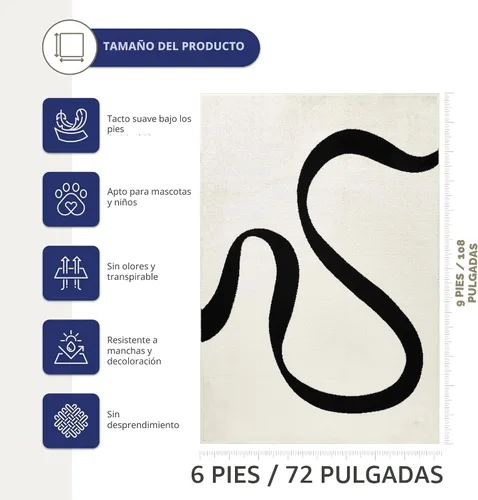 Miniatura 2 de Abani Alfombra abstracta de color beige/negro, 6 x 9 pies, diseño moderno de línea curva, colección Deco, fácil de limpiar, duradera para zonas