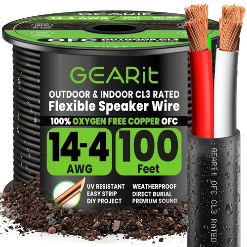 GEARit Cable de altavoz exterior clasificado CL3, cable de altavoz calibre 14, cable de altavoz 100 pies para altavoces exteriores, patio, jardín,