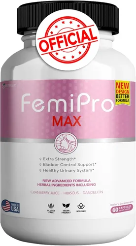 FemiPro MAX Suplemento de apoyo urinario para mujer, 60 cápsulas, control de vejiga extra fuerte con arándano, hibisco, diente de león, vegano, sin