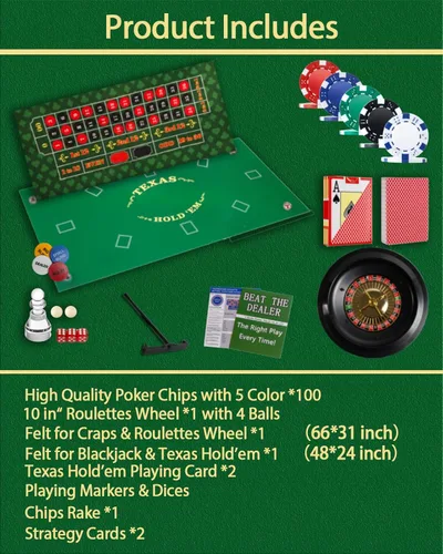 Miniatura 6 de Juego de casino 5 en 1 Pro Set: 125 Pro Poker Chip, Blackjack+Ruleta Rueda+Craps+Texas Holdem+Kit de juego de póker con alfombrilla de juego