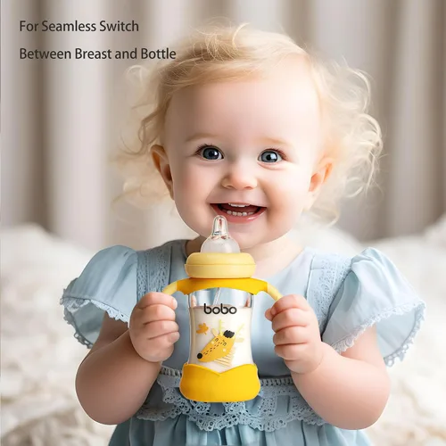 Miniatura 2 de YOHKOH Biberón de vidrio natural con pezón de respuesta natural, biberones de cuello ancho con asa, juego de biberones anticólicos para recién