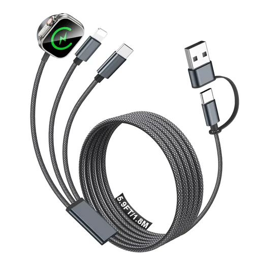 Miniatura 10 de Esenciales de viaje para cargador de Apple Watch, cargador de iPhone, cable de carga múltiple 3 en 1 tipo C/Lightning/magnético con bloque