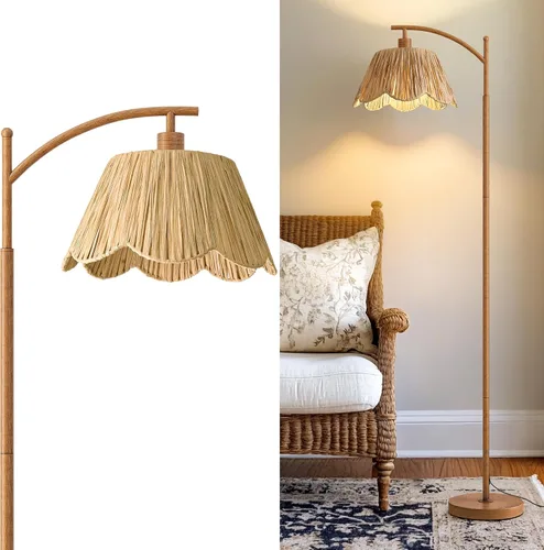 Miniatura 15 de Oneach Lámpara de pie arqueada para sala de estar, lámpara de pie de ratán boho con pantalla tejida a mano, interruptor a pedal, base y poste de Oro