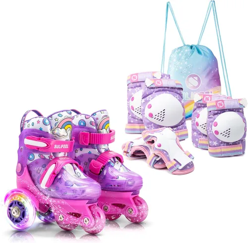 SULIFEEL Patines ajustables para principiantes con rodilleras de unicornio arcoíris, color morado