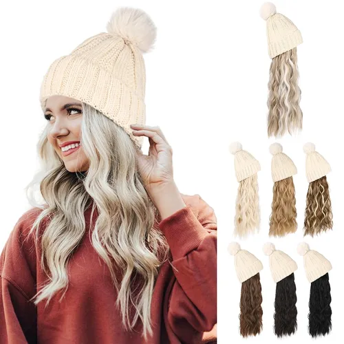 Miniatura 10 de Flufymooz Gorro con peluca, extensión de pelo con gorro de piel sintética con pompón largo ondulado rizado, peluca con gorro adjunto de 20 pulgadas
