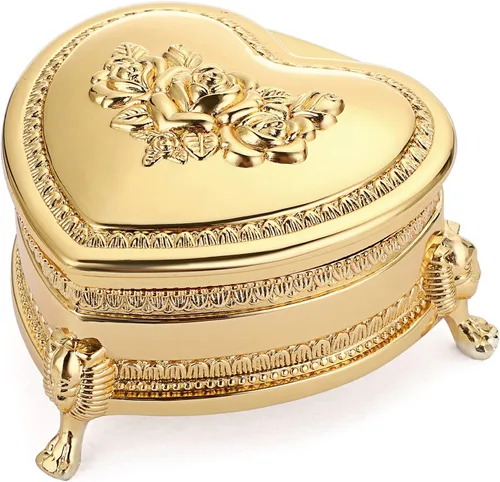 Hipiwe Joyero de metal vintage con flor antigua tallada, caja organizadora de baratijas en forma de corazón pequeño, caja organizadora de aretes,