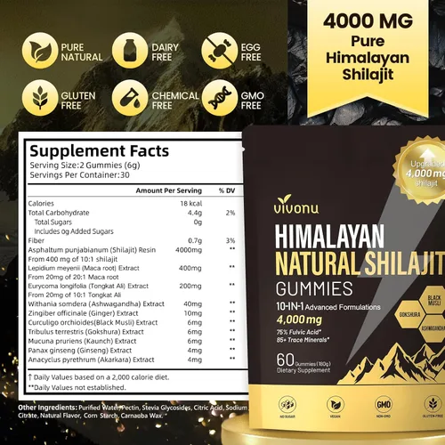 Miniatura 9 de Gomitas Shilajit, Shilajit para hombres y mujeres Fórmula 10 en 1 de alta potencia de 4000 mg con shilajit puro del Himalaya, Ashwagandha y 75%