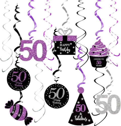 Decoraciones de cumpleaños número 50 para mujer, color morado, plateado, negro, decoración de fiesta de cumpleaños 50, decoración de espirales