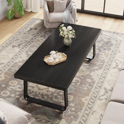 Miniatura 6 de HSH - Mesa de café negra, mesa central de madera industrial y patas de metal, mesa de cóctel moderna minimalista rectangular para sala de estar