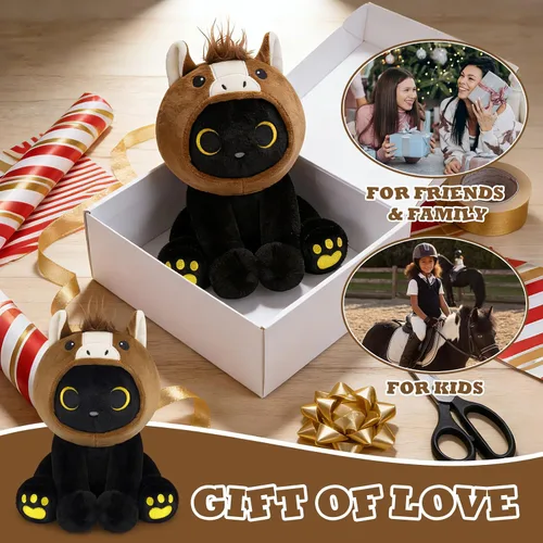 Miniatura 5 de Peluche de gato de caballo – Aniaml de peluche de gato negro de 8 pulgadas con capucha de caballo marrón extraíble, lindo animal de peluche, juguete