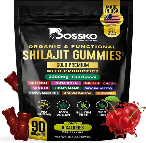 Gomitas Shilajit puras del Himalaya de 3200 mg orgánicas para hombres y mujeres con probióticos y magnesio, Ashwagnadha Chaga, cúrcuma, ácido