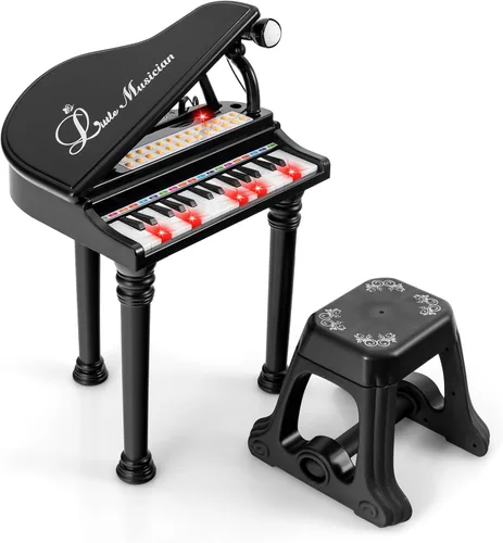 HONEY JOY Piano clásico para niños, mini piano de cola de juguete de 31 teclas con soporte de música y taburete, piano electrónico portátil,