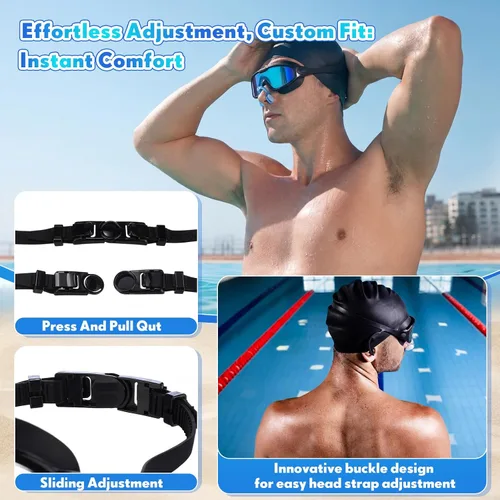 Miniatura 6 de Kanayu 10 gafas de natación para adultos con tapones para los oídos, clip para la nariz, visión amplia, sin fugas, antiniebla, para adultos, hombres