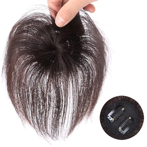 Miniatura 3 de Mini adorno de cabello humano real para mujer, extensiones de pelo lacio con clip para pérdida de cabello leve, base de seda, 2 clips, 6.7 in