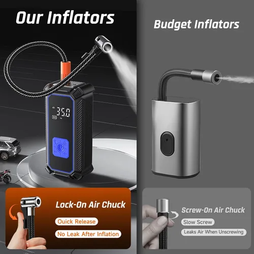 Miniatura 7 de OlarHike Compresor de aire portátil sin cables, inflador de neumáticos de 150 PSI de doble potencia - 5400 mAh y 12 V CC, bomba de aire para 2-Azul