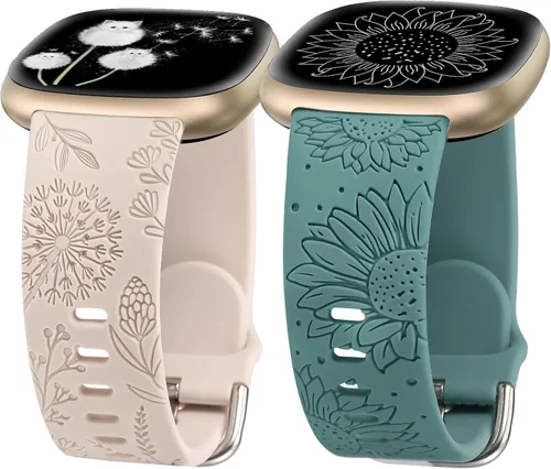Minyee Paquete de 2 correas grabadas florales compatibles con Fitbit Versa 4/Versa 3/Sense 2/Sense Band para mujer, lindo diseño de girasol de
