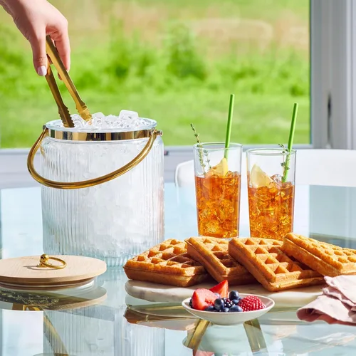 Miniatura 2 de Le'raze Cubo de Hielo de Vidrio con Tapa Hermética, Pinzas, Pala y Asa - Recipiente para Bebidas Acanalado de 3L, Accesorios para Cóctel y Bar