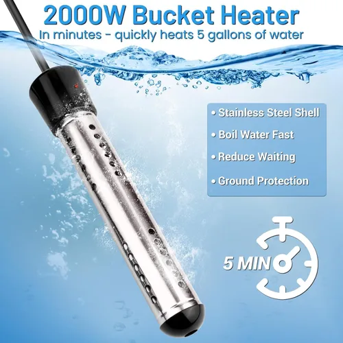 Miniatura 2 de Calentador de agua de inmersión de 2000W, calentador de agua eléctrico portátil con protección de 304 S S y termómetro LCD, calentador de balde