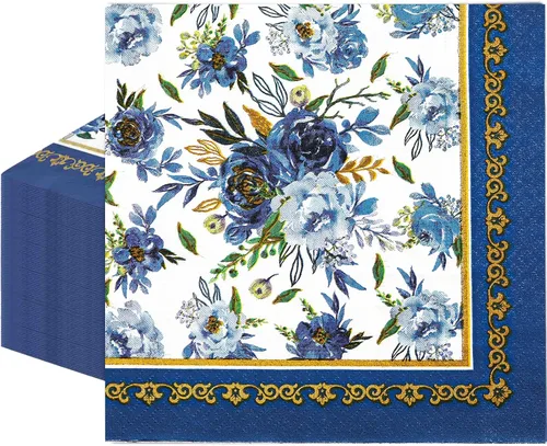 AnyDesign Paquete de 80 servilletas de papel florales de color azul marino con flores azules y blancas, servilletas desechables para almuerzo, marco