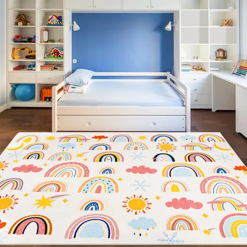 Alfombra de arco iris para niños, 3 pies 3 pulgadas x 4 pies 11 pulgadas, alfombra suave para niños, alfombra grande lavable espacial,