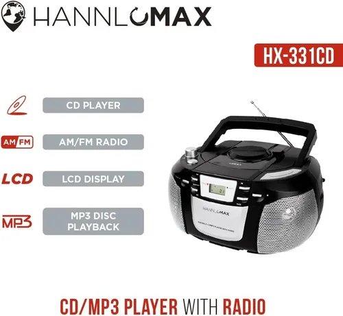 Miniatura 5 de HANNLOMAX HX-331CD Reproductor portátil de CD/MP3, radio AM/FM, pantalla LCD, conector para auriculares, fuente de alimentación dual AC/DC.