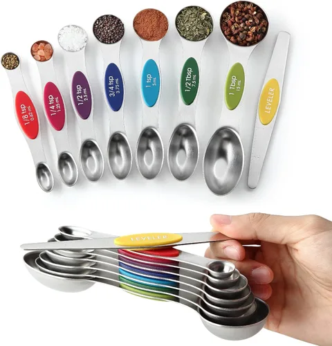 Miniatura 18 de Spring Chef Juego de 8 cucharas magnéticas de medición de acero inoxidable con nivelador, juego de cucharaditas y cucharas de mesa de doble cara