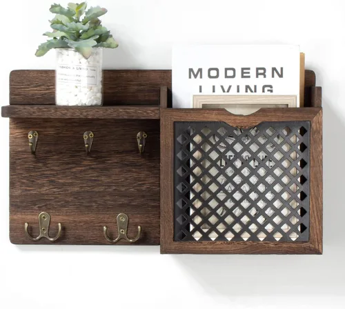 Miniatura 10 de AKKO Soporte de madera para llaves decorativo de pared, organizador de correo y llaves con 4 ganchos para llaves y estante flotante en forma de "Z