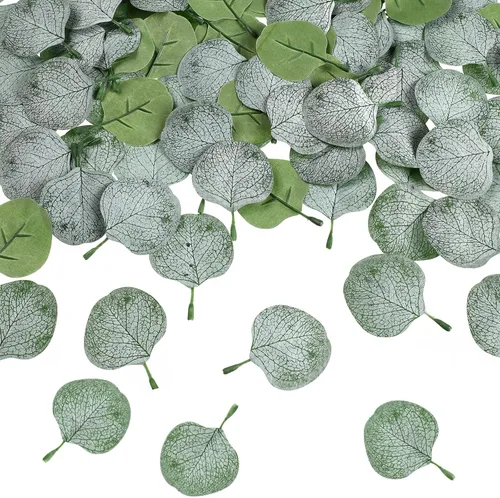 Miniatura 8 de WILLBOND Más de 400 hojas de eucalipto, pétalos de eucalipto falsos bohemios, decoración de mesa de boda, confeti verde suelto para decoración