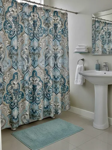 Miniatura 20 de Serafina Home Cortina de ducha bohemia, diseño floral de mandala azul marino, verde azulado, blanco, tela, 72 x 72 pulgadas, resistente a