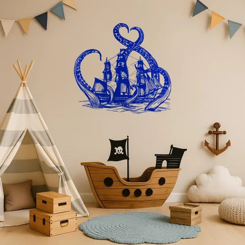 Miniatura 4 de Calcomanía grande de vinilo para pared, tentáculos de pulpo, barco pirata, decoración náutica, habitación, baño, océano, aventura, temática de Gris