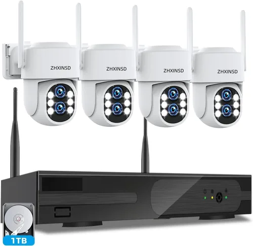 Sistema de cámara de seguridad inalámbrica para exteriores: lente dual 6MP 10X Zoom híbrido Auto-Track PTZ 4PCS 4K 10CH DVR con 1TB HDD para
