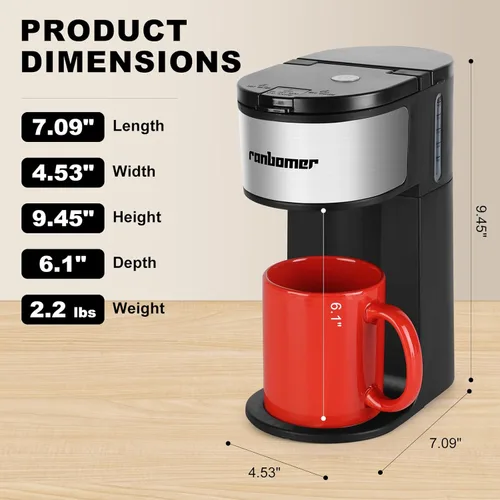 Miniatura 2 de Ranbomer K Cup Coffee Maker, Single Serve coffee machine or Ground Coffee Machine 2 in 1, 6 to 14 Oz Brew Sizes, Mini One Cup Coffee Maker with Self