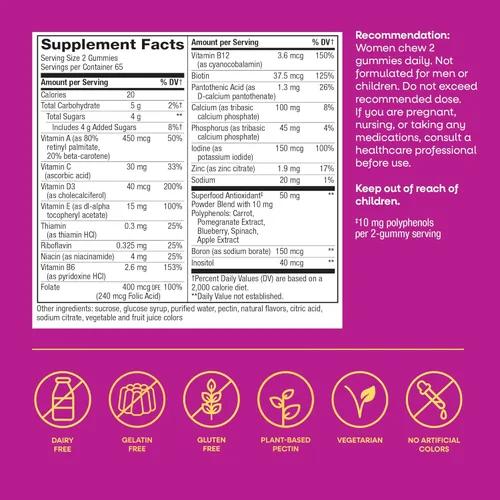 Miniatura 6 de Nature's Way Alive! Gomitas multivitamínicas para mujer, multivitaminas masticables diarias para mujeres, vitaminas A, C, D3, E, vitaminas B, apoya