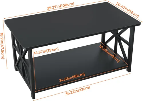 Miniatura 3 de GreenForest - Mesa de café con esquina redonda, mesa central de granja con estante de almacenamiento de 2 niveles diseño X-Frame para sala de estar