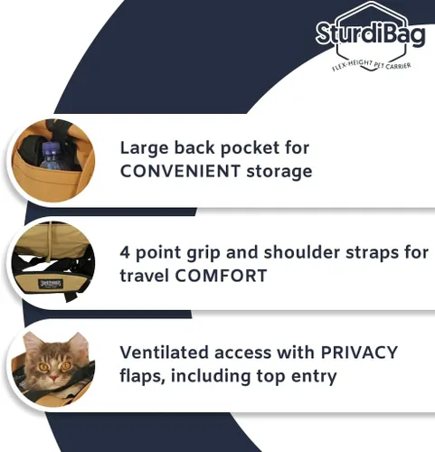 Miniatura 3 de SturdiBag XL - Transportador de viaje para mascotas: altura flexible para gatos y perros, lados suaves con clips de seguridad y correas
