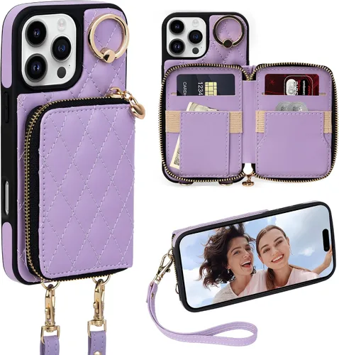 Miniatura 20 de Funda tipo cartera para iPhone 15 de 6.1 pulgadas, bolso cruzado con cremallera y correa para la muñeca con cordón para mujer, tarjetero con bloqueo