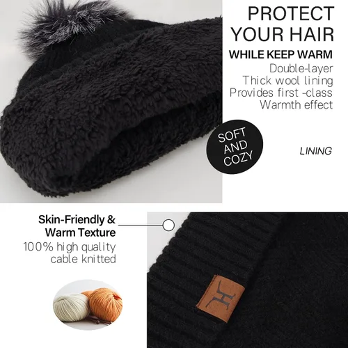 Miniatura 2 de Conjunto de gorro de punto cálido para mujer, bufanda larga, guantes para pantalla táctil, con forro polar, gorro de calavera con pompones, regalos