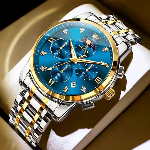 Miniatura 6 de OLEVS Watch for Men Diamond Business Dress Analog Quartz Stainless Steel Waterproof Luminous Date Two Tone Luxury Casual Wrist Watch Blue