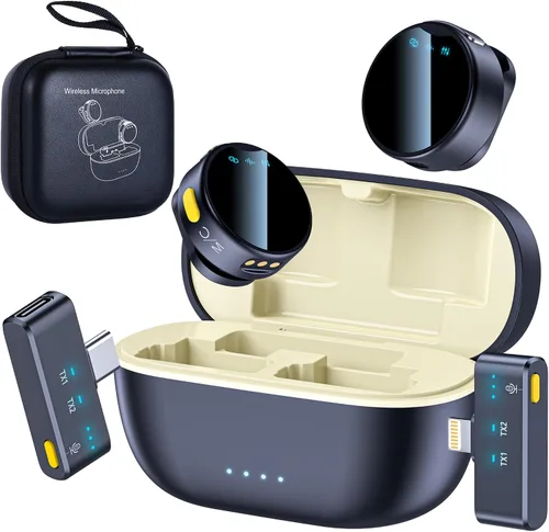 Micrófono Lavalier inalámbrico para iPhone/Android, rango de 200 pies, mini micrófono con cancelación de ruido, 25 horas de duración de la batería,