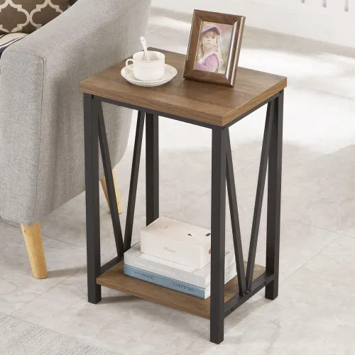 FOLUBAN Mesa auxiliar con estante de almacenamiento, mesa auxiliar rústica para sala de estar, mesita de noche de madera y metal para dormitorio,
