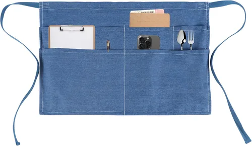 Miniatura 14 de Delantal de servidor con 5 bolsillos, hebilla de remache, unisex, corto y medio camarero, delantal corto