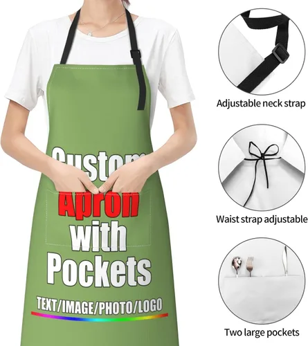 Miniatura 6 de Delantal personalizado para hombres y mujeres, niñas, niños, personalizable, nombre, texto, logotipo, imagen, foto, ajustable, con dos bolsillos