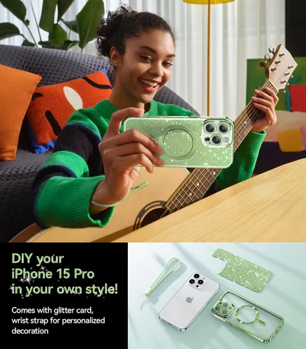 Miniatura 6 de Meifigno Candy Mag Series - Funda diseñada para iPhone 15 Pro, compatible con MagSafe, tarjeta con purpurina y correa de muñeca, protección completa